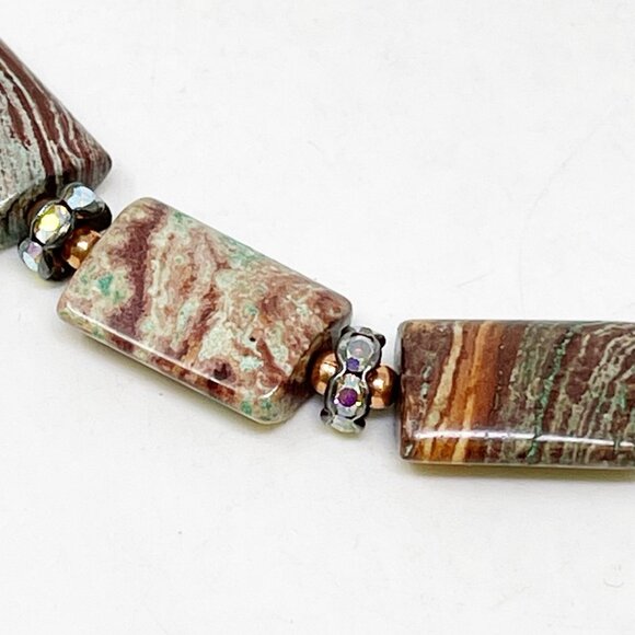 Artisan Jasper Gemstone Necklace Rectangle Beads Brown Green Earth Tone Boho - Picture 11 of 12